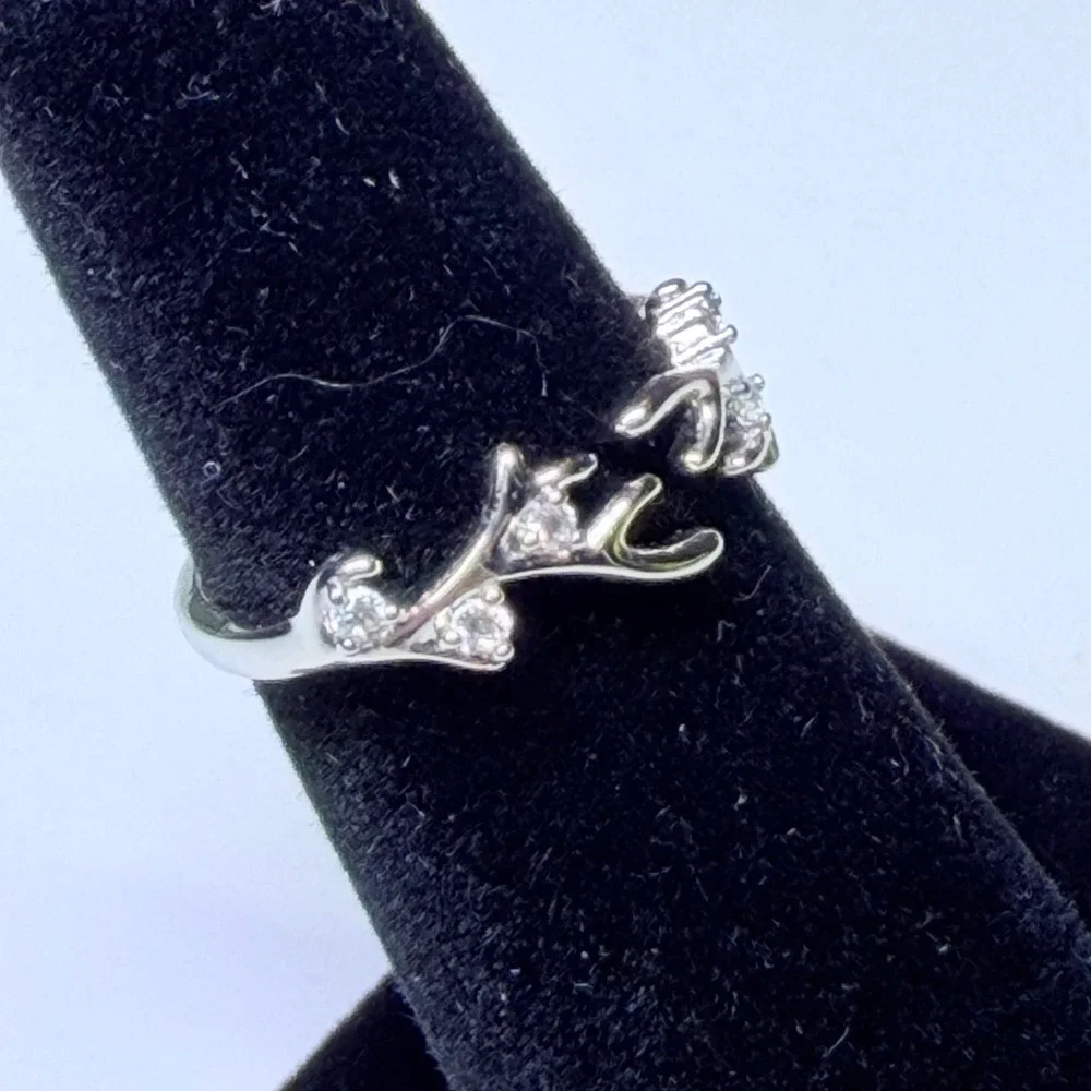 Fragrant Jewels Silver Tone Crystal Antler Bypass Ring Size 5.5 Nature Jewelry